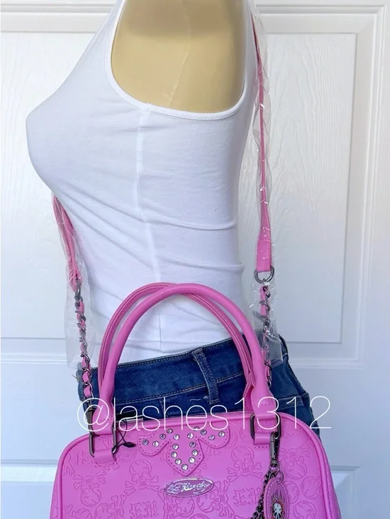ED HARDY Pink Barrel Crossbody Satchel w/ Crystal Accents - Picture 7 of 8